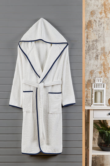 Kapşonlu Yetişkin Bornoz Beyaz-Lacivert